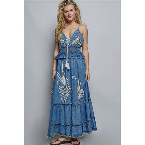 Pol Smocked Waist Sequin Embroidery Deep V-Neck Denim Dress SML